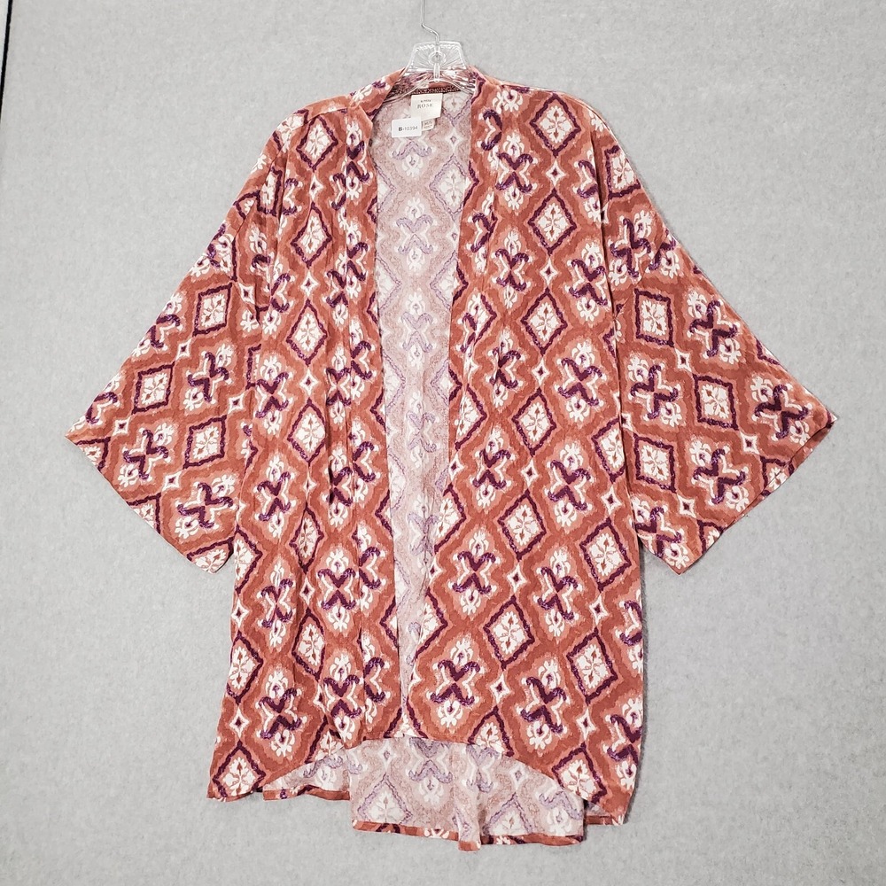 Knox Rose Women Top M/L Red Kimono Cardigan Geometric Open Front Paisley